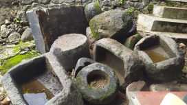 Penemuan batu dari dasar umbul. Batu berbentuk lumping hingga umpak bangunan yang seluruhnya berbahan dari Andesit ini ditemukan saat